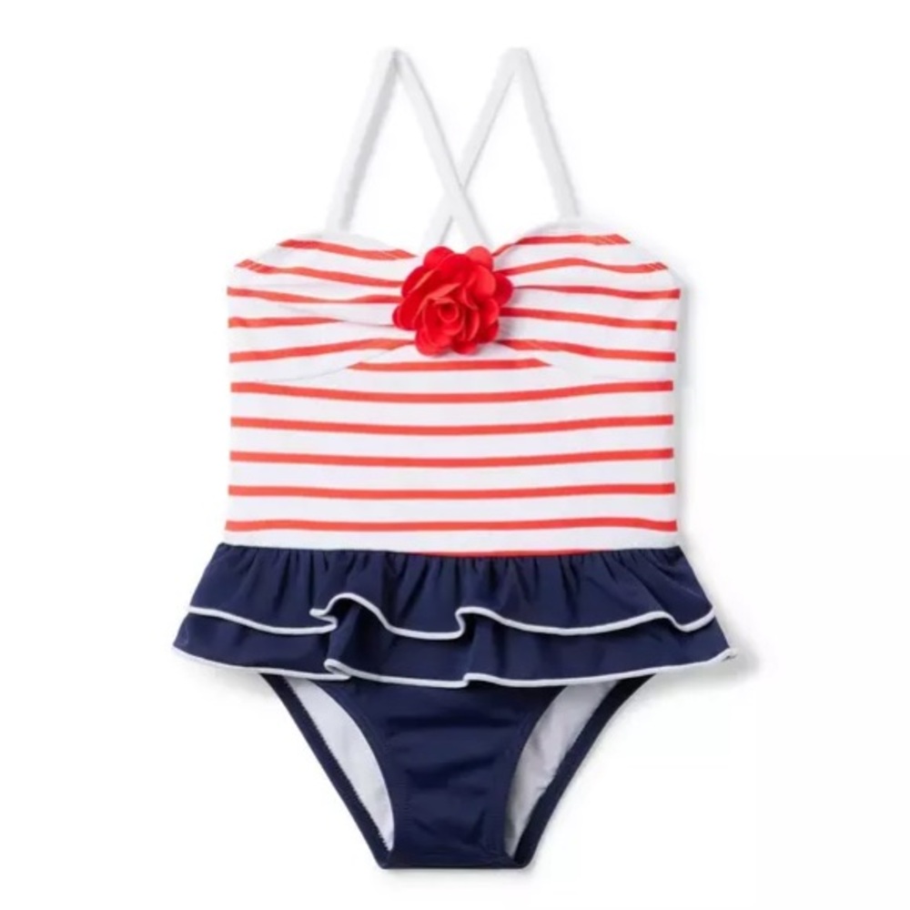 Janie and Jack Recycled Striped Americana Swimsuit in Tomato Stripe NWT
